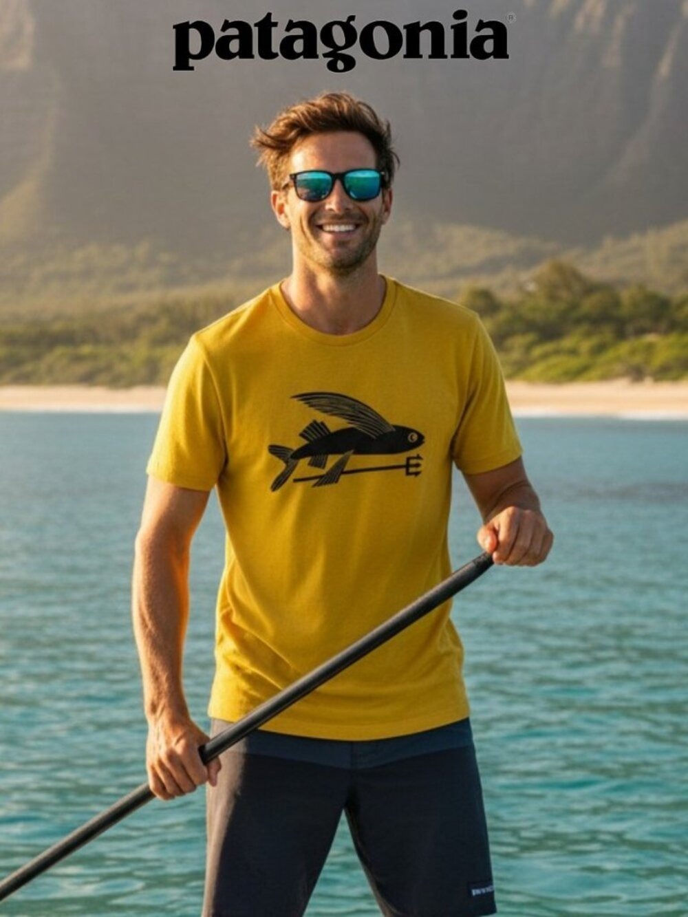 Patagonia Flying Fish Graphic T-Shirt Yellow Slim Fit Size M Outdoor Tee